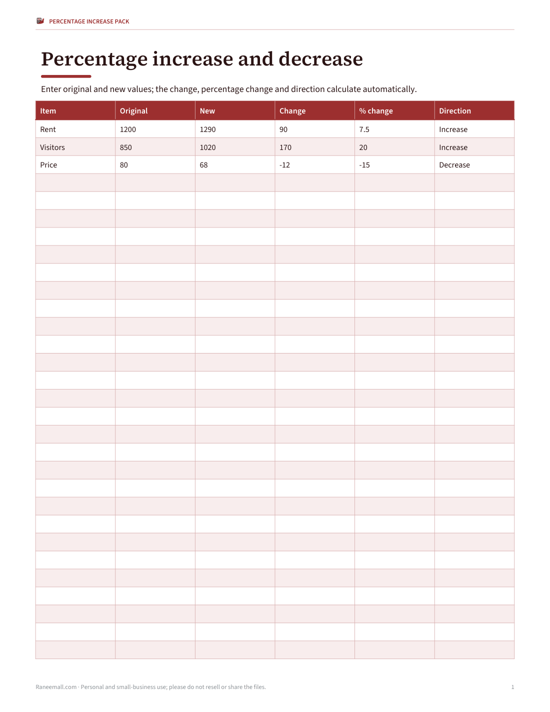 Preview of the first page of Percentage change (XLSX)