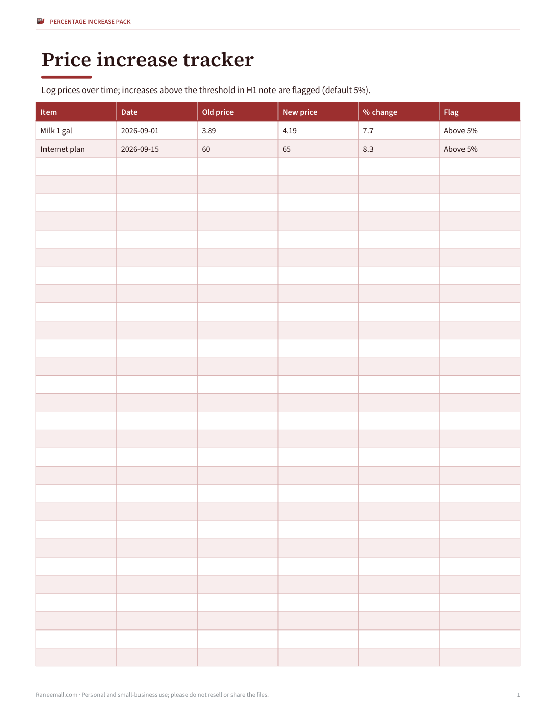 Preview of the first page of Price tracker (XLSX)